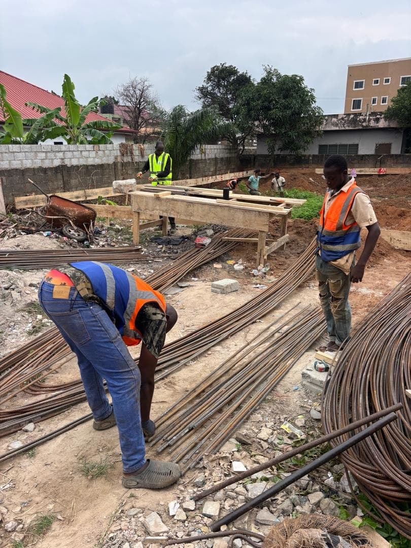Construction team preparing reinforcement for the Prime School Administration Block at Abokobi
